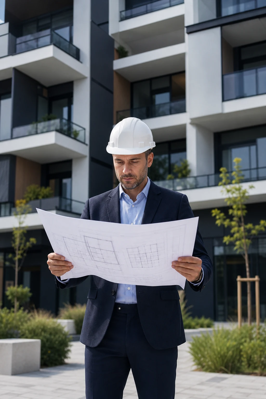 Ověřený developer kontroluje plány rezidenčního projektu
